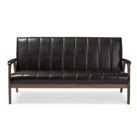 Baxton Studio BBT8011A2-Brown Sofa Nikko Mid-century Dark Brown Faux Leather Wooden 3-Seater Sofa